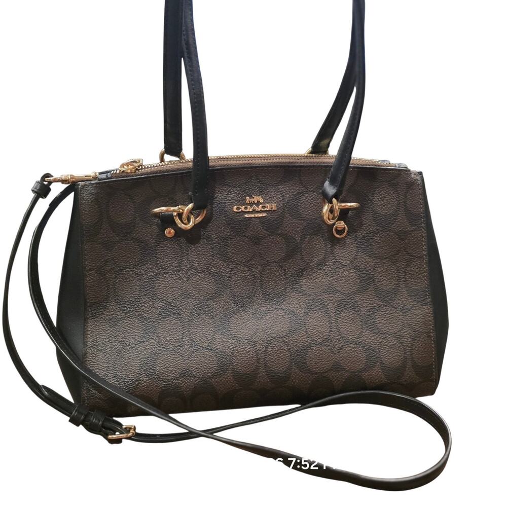 Coach F77881 Etta Carryall Signature Canvas Brown Black Gold Crossbody Bag